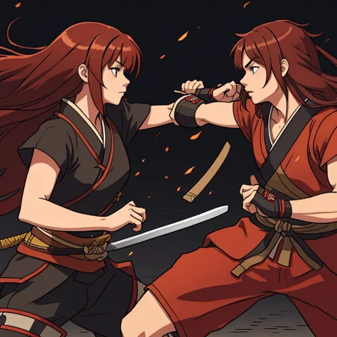 Samurai girl with long brown and red hair fighting a boy with short black hair