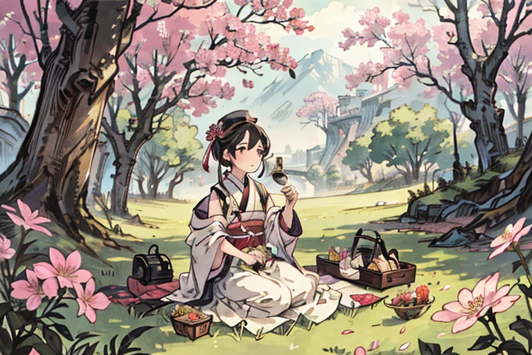 1girl, cute little, (Kpop Idle), (attractiveness:1), ((Puffy eyes)), tenderness, Irridescent color, picnic under sakura trees, petals and flowers, full shot, (Highly detailed), (high resolution), (masterpiece)
