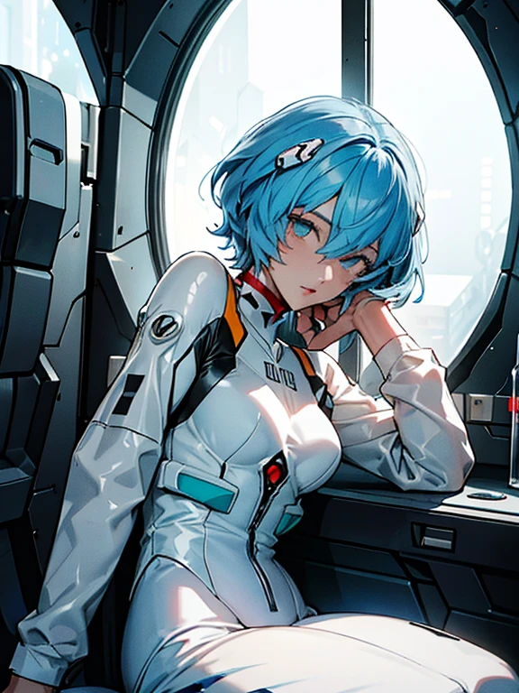 (Aerial view),dynamic angle,ultra detallado, illustration, de cerca, directo, 1 chica, ((Rei Ayanami, , auriculares de interfaz, mono blanco 1.4, azul)),Her eyes shone like dreamer stars,(ojos brillantes:1.233),(ojos hermosos y detallados:1.1),(inexpresivo,boca cerrada),(de pie), (mechanical room with tools and spacecraft window in a white SPACESHIP), (noche:1.2),dreamer, [[dedos y manos delicados:0.55]::0.85],(detalle dedos),