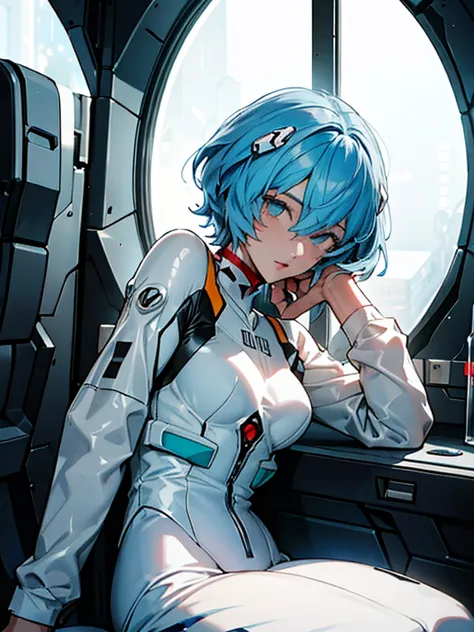 (aerial view),dynamic angle,ultra detallado, illustration, de cerca, directo, 1 chica, ((rei ayanami, , auriculares de interfaz,...