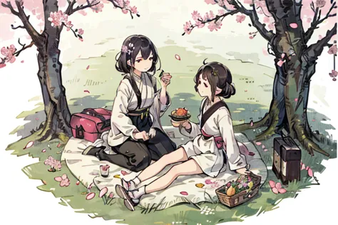 2girl, cute little, (kpop idle), (attractiveness:1), ((puffy eyes)), tenderness, irridescent color, picnic under sakura trees, p...