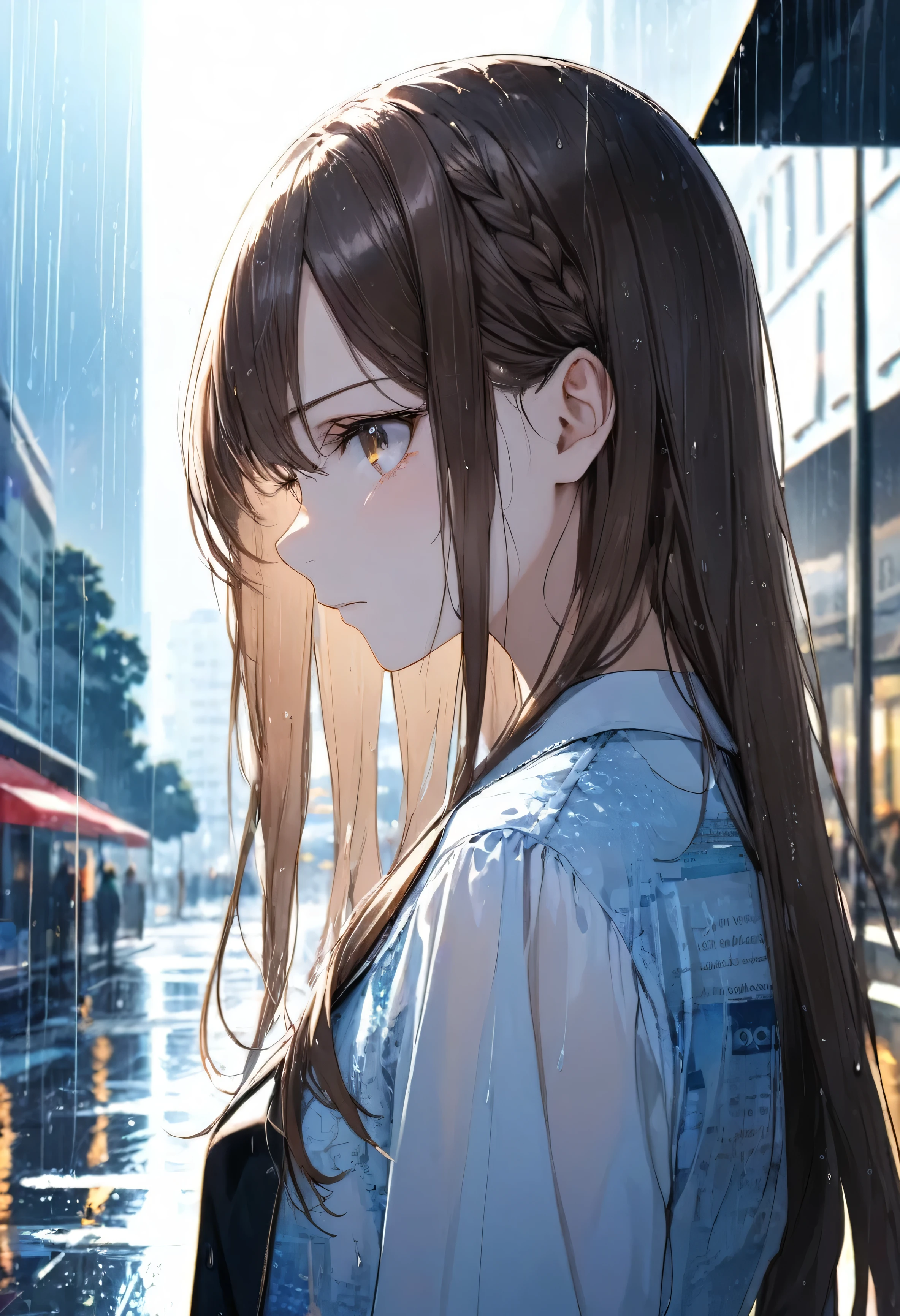 One girl, profile, When you look to the side,  Depth of written boundary, Long Hair, French Braid, Straight hair, Portraiture, Modern City, blouse, Brown Hair, Glaring at me, rain, raindrop, Lens flare, sunlight, eyeliner, eye shadow, masterpiece, highest quality