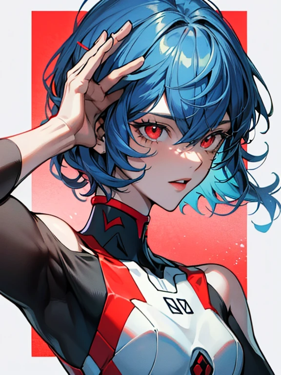 Ri Ayanami,，red eyes，pelo entre los ojos，engranaje de cabeza，auriculares de interfaz，pelo azul，prenda de batalla，action pose，Recubrimiento grueso，Album covers，narrative images