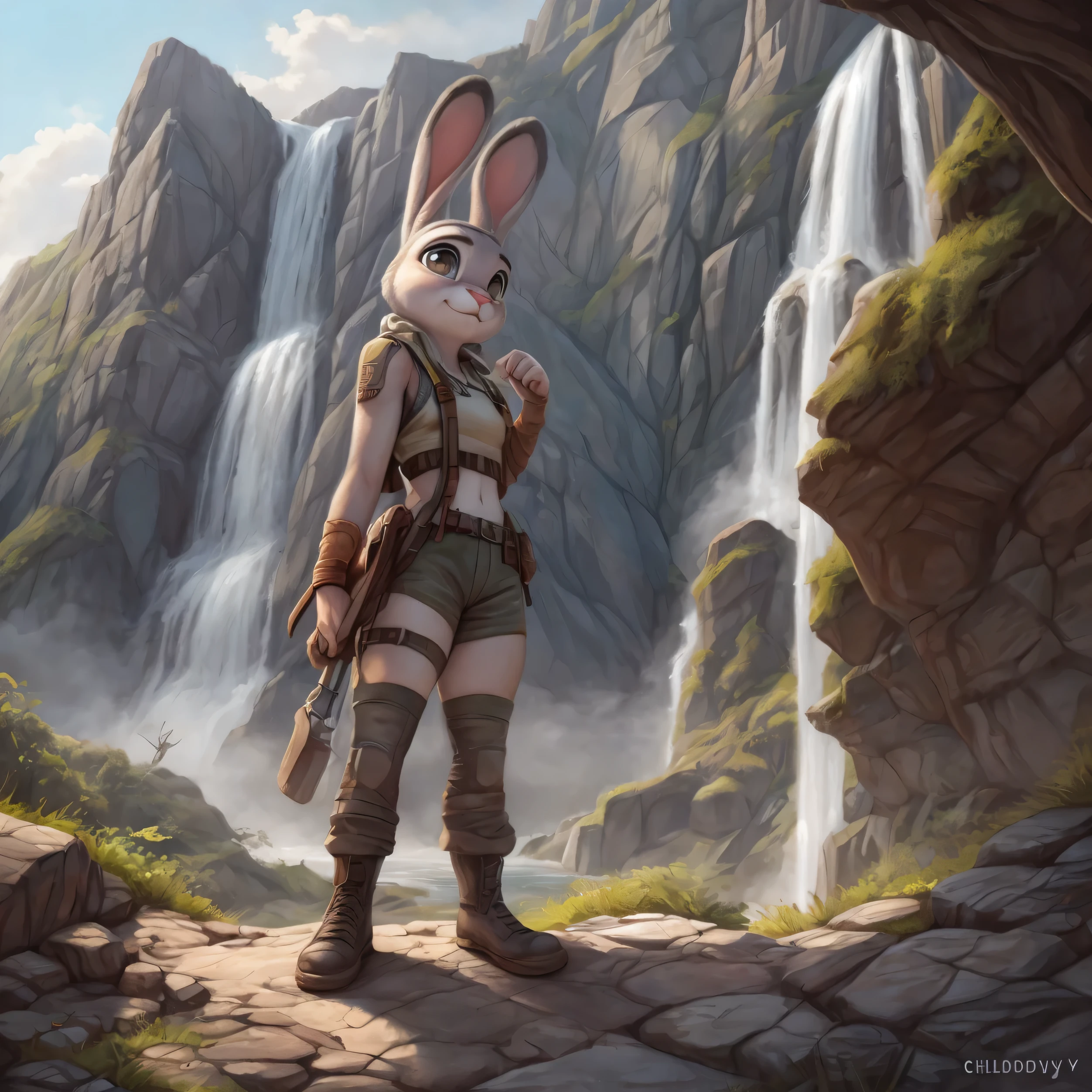 A woman in bunny ears stands in front of a waterfall - SeaArt AI