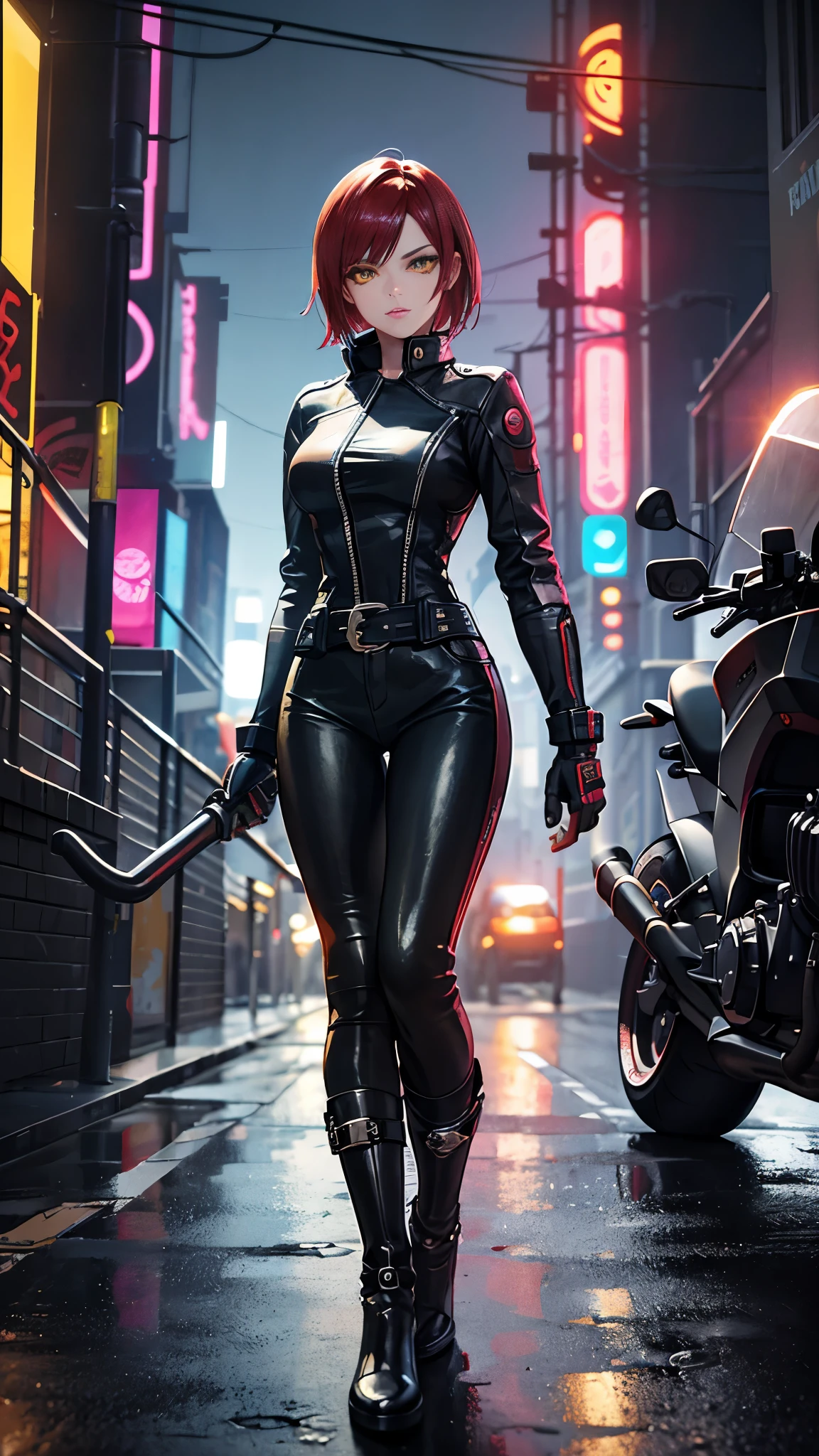 motard, fille à bascule, moto, Vêtement en cuir, Cheveux courts, yeux jaunes brillants, couleurs sombres, taille en cuir, visage ultra détaillé, long cils, maigre, cyberpunk, néons, cheveux roux, bottes longues, collant, nuit, la rue de la ville, mitaines, pluie