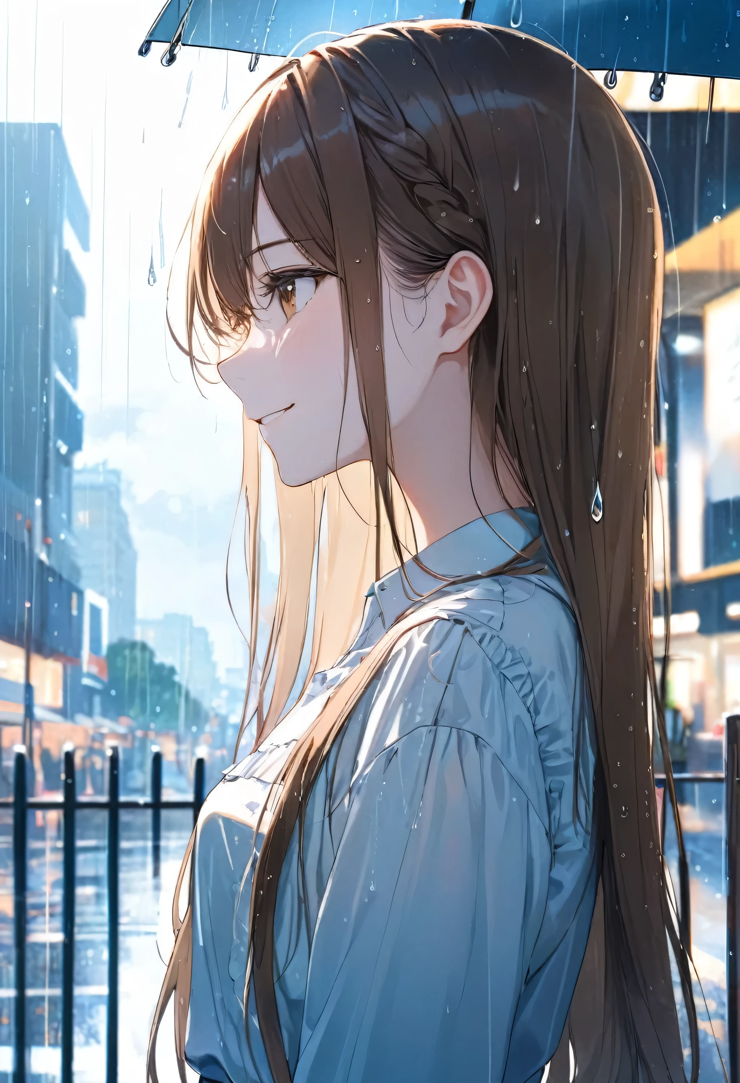 One girl, profile, When you look to the side,  Depth of written boundary, Long Hair, French Braid, Straight hair, Portraiture, Modern City, blouse, Brown Hair, Gaze Here、smile, rain, raindrop, Lens flare, sunlight, eyeliner, eye shadow, masterpiece, highest quality