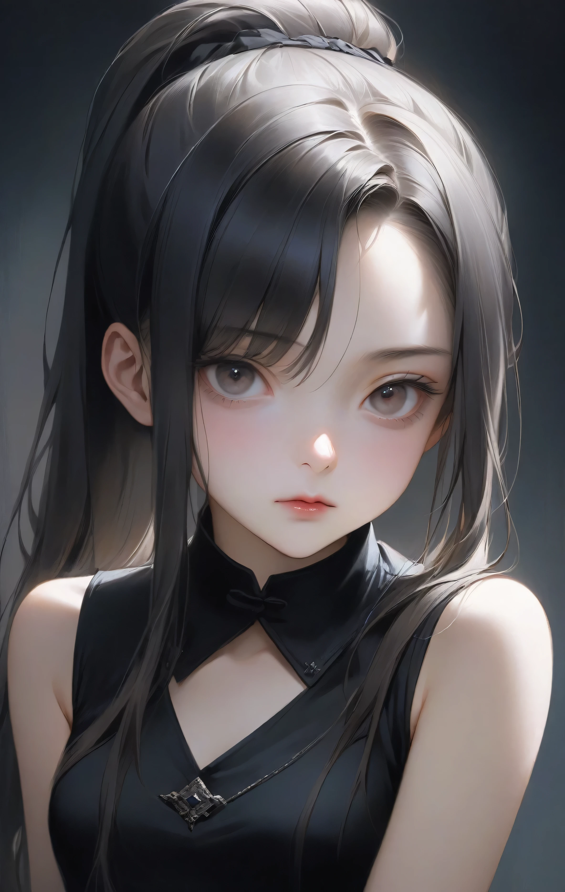 One girl, Long Hair, small 胸, compensate, eyeliner, eye shadow,, Small breasts, shirt, Portraiture, No sleeve, (Realistic:0.5), Gothic, ponytail, Swept-apart bangs, Asymmetrical bangs, highest quality, masterpiece