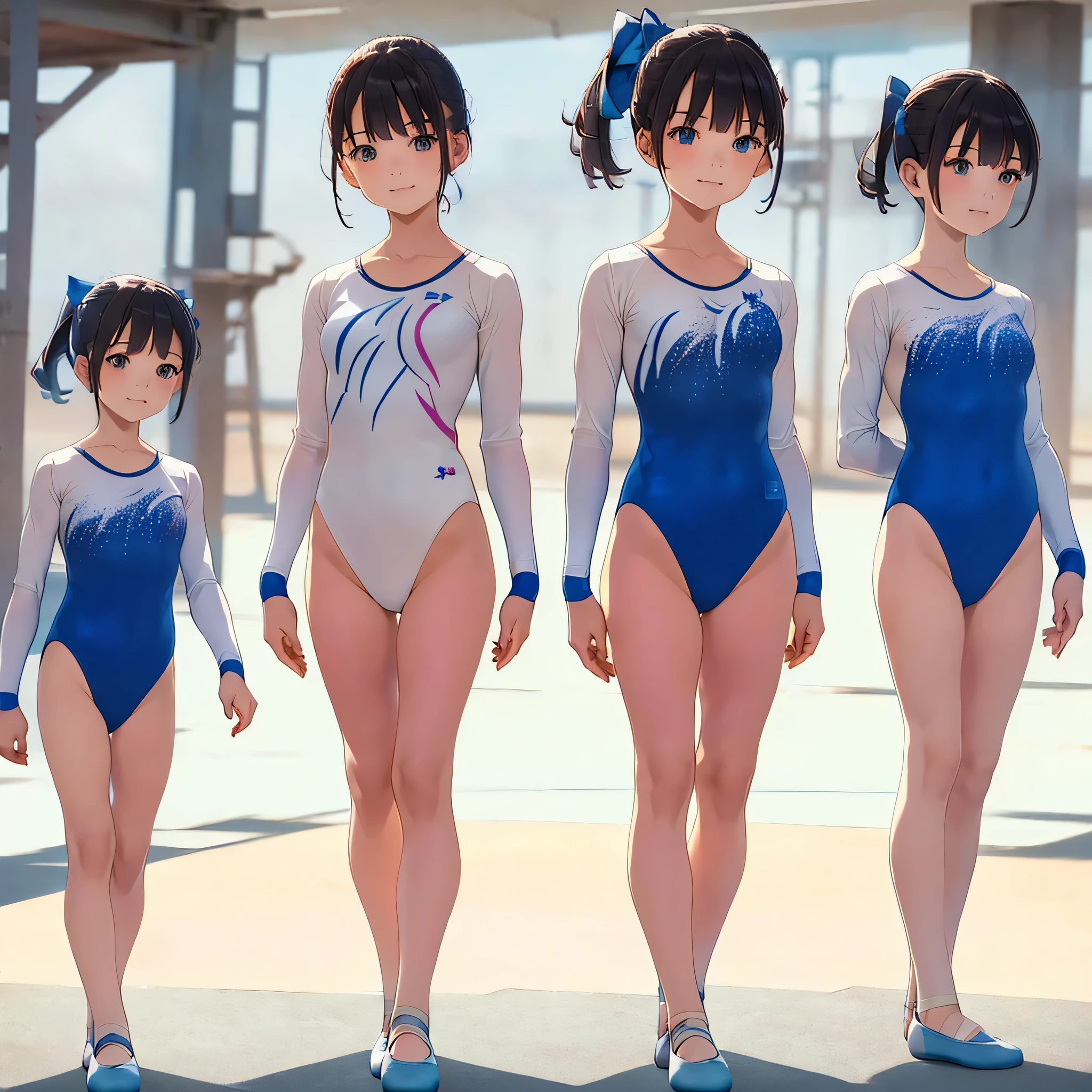 Gymnastics club,(4 girls:1.3),(long sleeves leotard:1.3),full body, pony tail, blue ribbon, long hair, (over 16 years old, under 19 years old:1.2), ballet shoes, white background