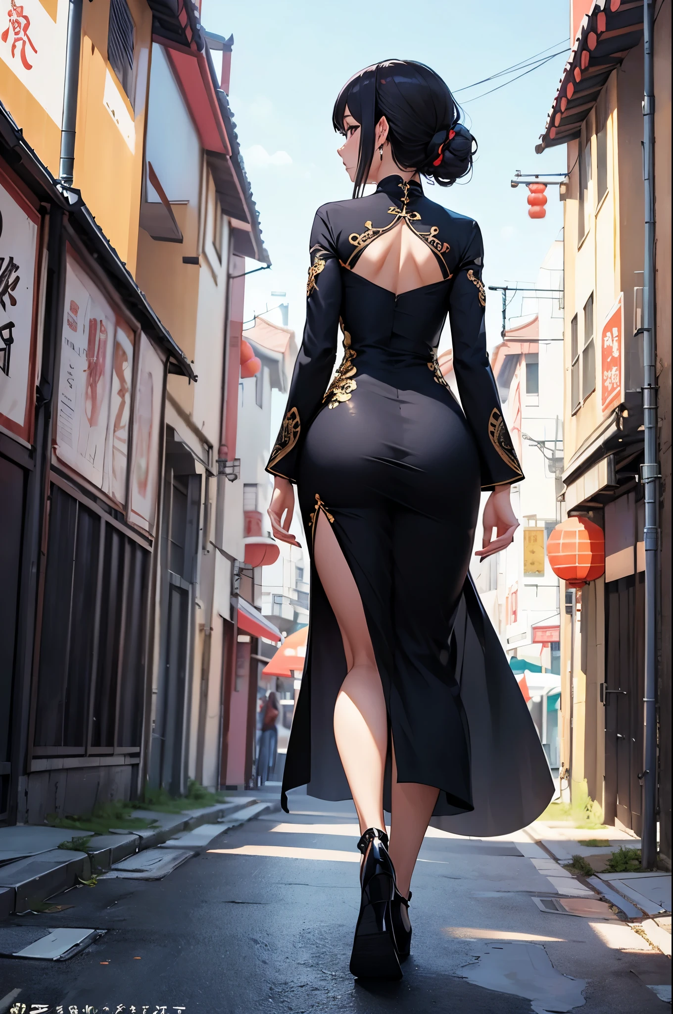 uma mulher sexy, (melhor qualidade), (Obra de arte), (1 garota), magro, anime, (Vestido chinês), (andando), (retrato), (visão de corpo inteiro), (vista por trás), (olhando para a esquerda)
