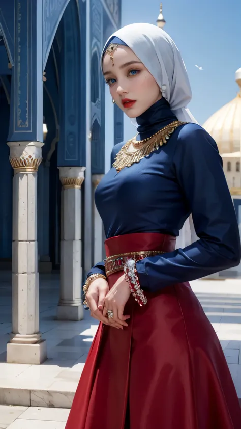 perfect face, blue eyes, red lips, mosque exterior details, hijab styles, mosque in background, colorful, (((jewelry))), long sk...
