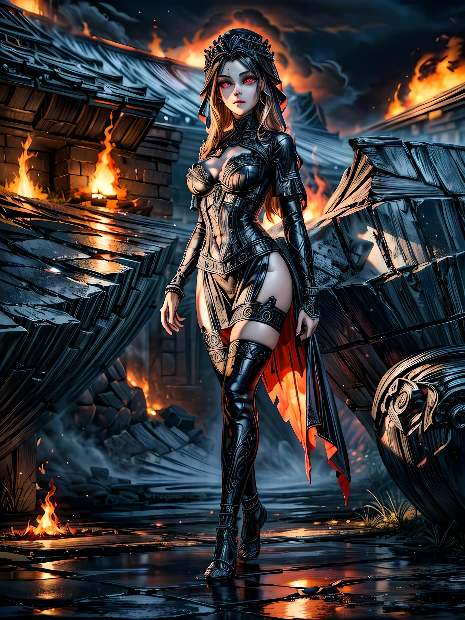 high details, best quality, 16k, [ultra detailed], masterpiece, best quality, (extremely detailed), full body, ultra wide shot, photorealistic, fantasy art, dnd art, rpg art, realistic art, an ultra wide picture of a female human (intricate details, Masterpiece, best quality: 1.5) goddess of fire  ((fiery radiant aura)), controlling a swirling red fire, fiery red radiant magic (1.5 intricate details, Masterpiece, best quality), manipulating purple radiant magical symbols, [[divine symbols]] (intricate details, Masterpiece, best quality: 1.5), human female, blond hair, long hair with aura, hair with red radiant eyes, intense eyes, ((radiant eyes)), (( red glowing eyes)), dynamic clothing, fantasy volcano back ground, stresms of lava,  celestial  background, ((divine worship atmosphere)), high details, best quality, highres, ultra wide angle, gl0w1ngR