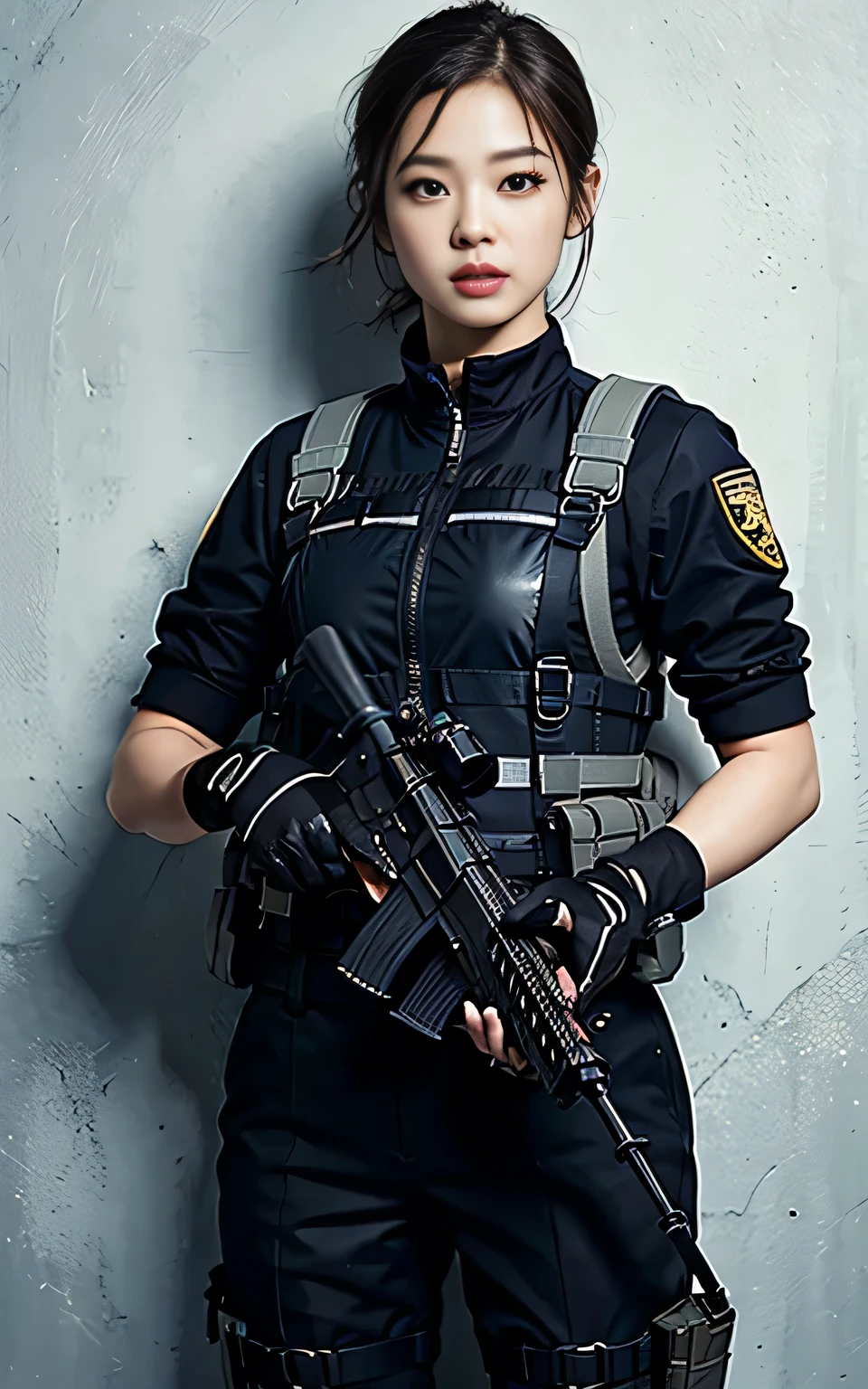 ((Best Quality, 8K, Masterpiece: 1.3)), ((best quality)), photorealistic, photorealism, Photorealistic, high resolution, 1girl aiming with an  assault rifle, Combat pose, looking at the camera, (Detailed face), short hair, plump and muscular:0.7, (wearing black rubber suit, tactical vests, military harness, black gloves, high-tech headset), cloths color based on black), revealed thigh, Gun, Fingers are occluded, concrete wall background,