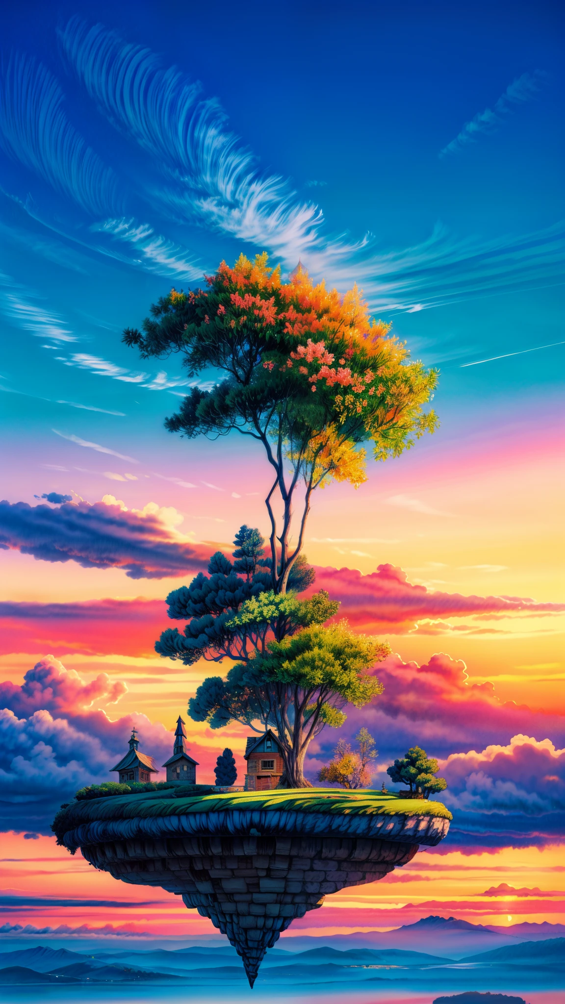 obra de arte, melhor qualidade, alta qualidade, High definition, alta qualidade texture, alta qualidade shadow, alto detalhe, one Surreal Floating Islands sky – Abstract --ar 16:9 italian village, no peoples, with an abundant and detailed sunset and clouds around, e uma mini floresta float ao lado