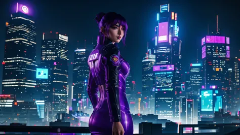 curvy woman with purple hair standing on a balcony overlooking a city, no anime ghost in the shell, em uma cidade cyberpunk, car...