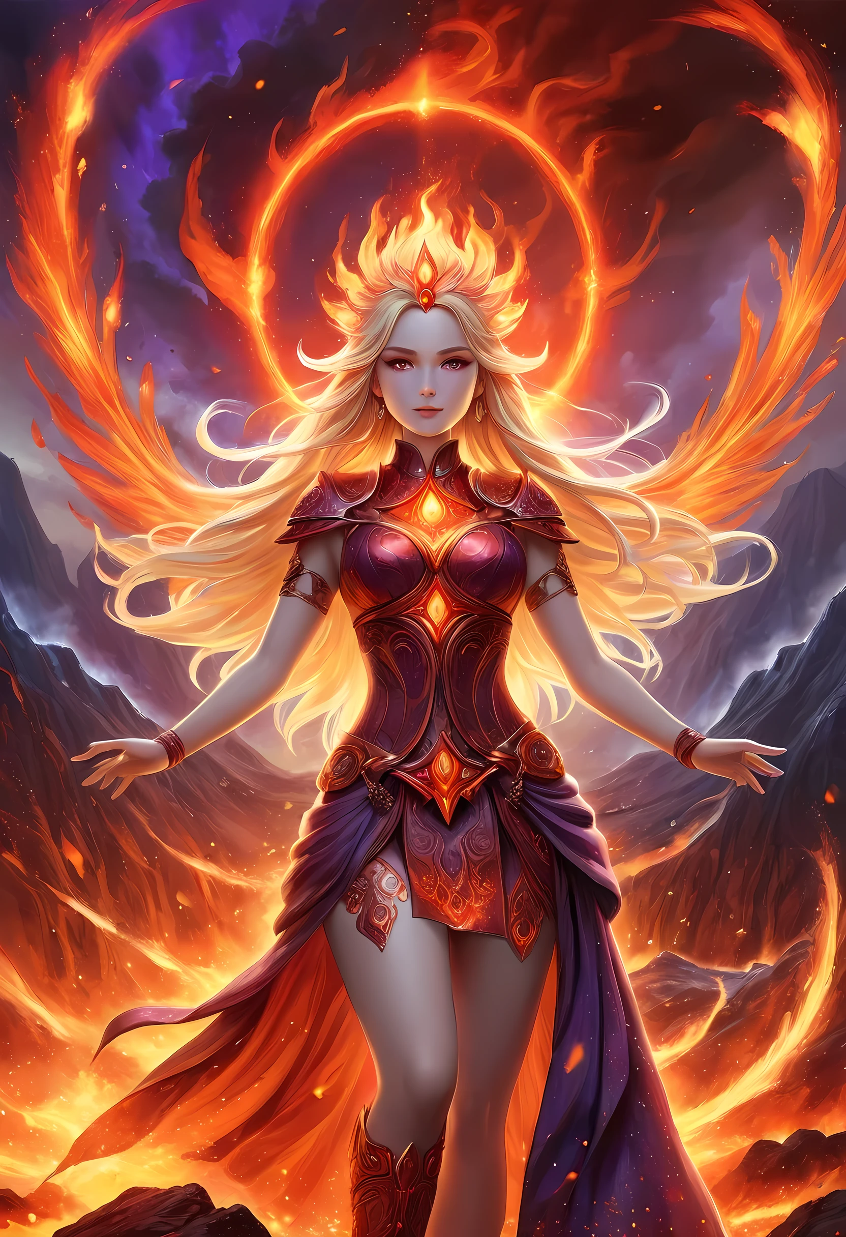 high details, best quality, 16k, [ultra detailed], masterpiece, best quality, (extremely detailed), full body, ultra wide shot, photorealistic, fantasy art, dnd art, rpg art, realistic art, an ultra wide picture of a female human (intricate details, Masterpiece, best quality: 1.5) goddess of fire  ((fiery radiant aura)), controlling a swirling red fire, fiery red radiant magic (1.5 intricate details, Masterpiece, best quality), manipulating purple radiant magical symbols, [[divine symbols]] (intricate details, Masterpiece, best quality: 1.5), human female, blond hair, long hair with aura, hair with red radiant eyes, intense eyes, ((radiant eyes)), (( red glowing eyes)), dynamic clothing, fantasy volcano back ground, stresms of lava,  celestial  background, ((divine worship atmosphere)), high details, best quality, highres, ultra wide angle, faize, 
