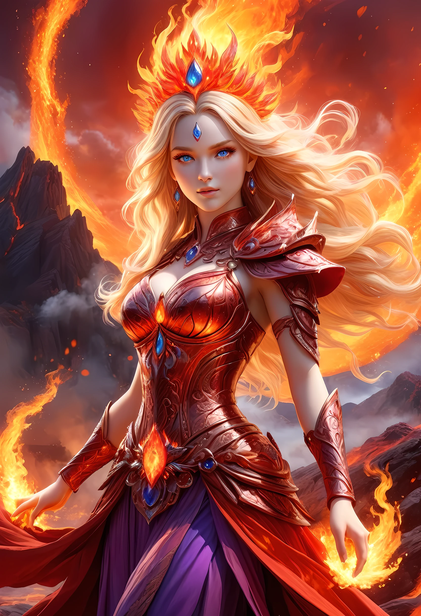 high details, best quality, 16k, [ultra detailed], masterpiece, best quality, (extremely detailed), full body, ultra wide shot, photorealistic, fantasy art, dnd art, rpg art, realistic art, an ultra wide picture of a female human (intricate details, Masterpiece, best quality: 1.5) goddess of fire  ((fiery radiant aura)), controlling a swirling red fire, fiery red radiant magic (1.5 intricate details, Masterpiece, best quality), manipulating purple radiant magical symbols, [[divine symbols]] (intricate details, Masterpiece, best quality: 1.5), human female, blond hair, long hair with aura, hair with red radiant eyes, intense eyes, ((radiant eyes)), (( red glowing eyes)), dynamic clothing, fantasy volcano back ground, stresms of lava,  celestial  background, ((divine worship atmosphere)), high details, best quality, highres, ultra wide angle, faize, 
