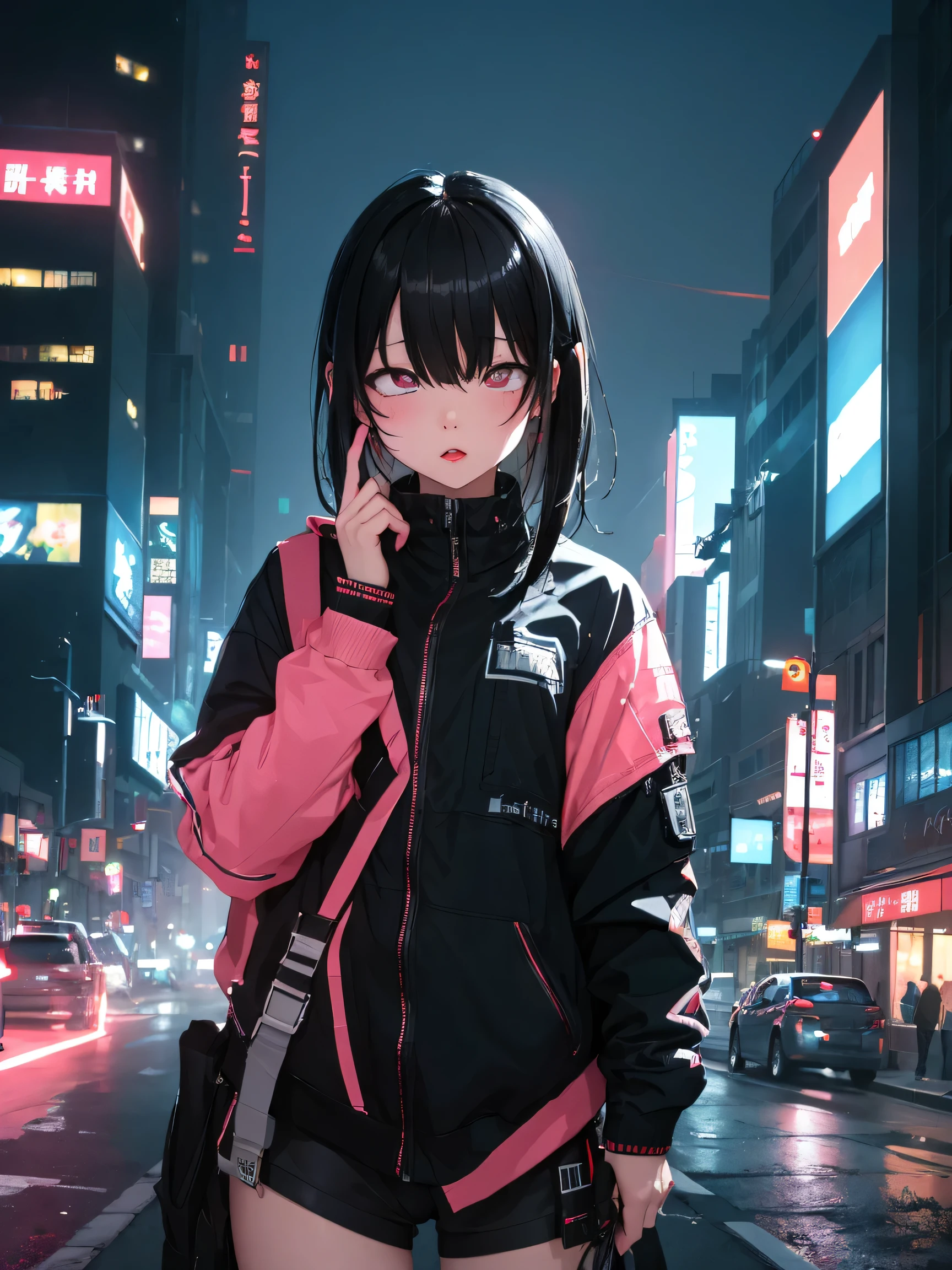 (masterpiece:1.1), (highest quality:1.1), (High resolution:1.0), evening, Cityscape, One girl, One person in, cin_ear, ear_Down, Looking_in_Audience, upper_body, black_hair, pink_eye, Outdoor, cyber punk, science_fiction, neon_Light