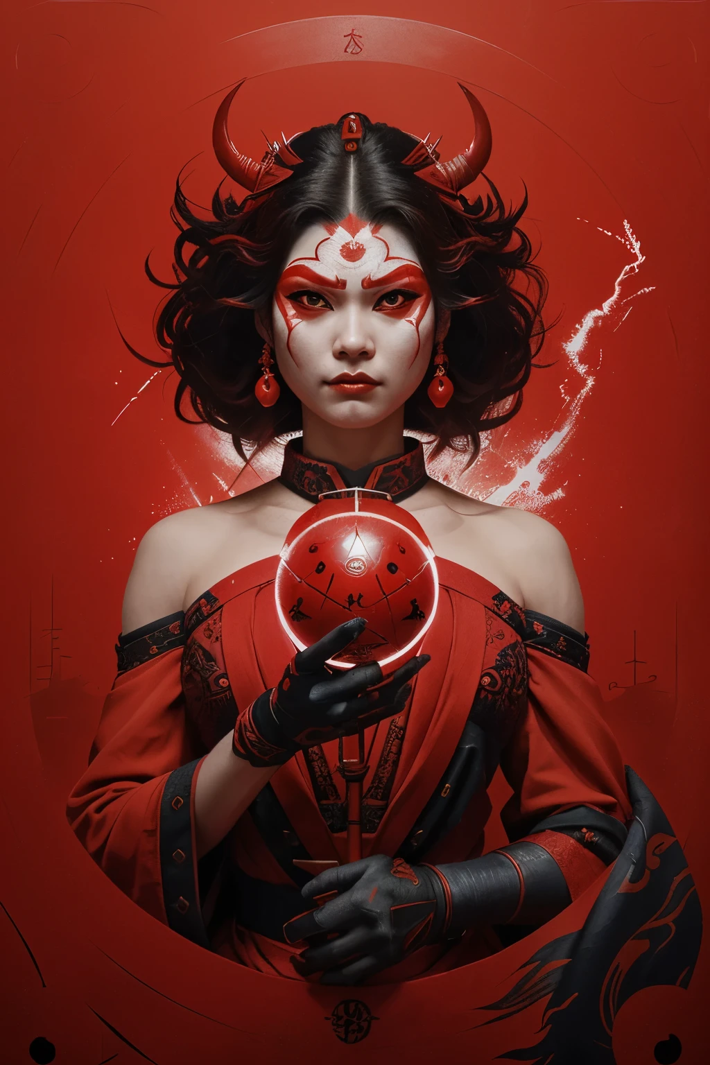 a man with a sword and a red ball, demon samurai, villain wearing a red oni mask, demon samurai warrior, inspired by Gatōken Shunshi, inspired by Kanō Hōgai, artgerm greg rutkowski _ greg, inspired by Tōshūsai Sharaku, artgerm craig mullins