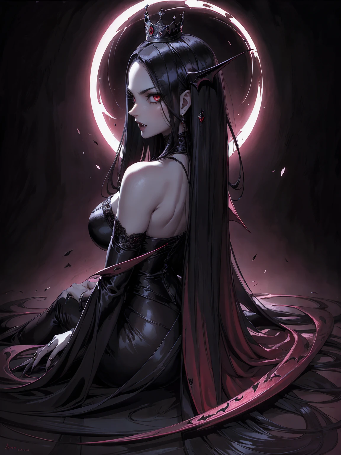 absurdres, ((stunning female Vampire))), goth Renaissance, (long black hair:1.erfect and detailed angular sharp oval shaped face, ((redeyes)), jewelry, red and black tetradic colors, full lips, gothic castle background, (solo), perfect anatomy, approaching perfection, ethereal, intricate details, ultra-high definition, 12k resolution, goth aesthetic, smooth, sharp focus, dreamy, glowing, backlit, glamour, glimmer, fantastical, shadows, smooth, Gothic crown, sitting on the ground, backwards, looking back