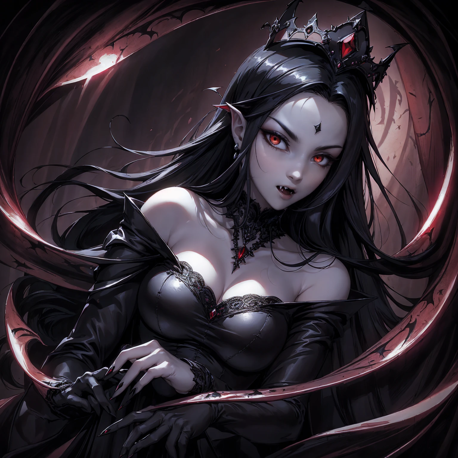 absurdres, ((stunning female Vampire))), goth Renaissance, (long black hair:1.erfect and detailed angular sharp oval shaped face, ((redeyes)), jewelry, red and black tetradic colors, full lips, gothic castle background, (solo), perfect anatomy, approaching perfection, ethereal, intricate details, ultra-high definition, 12k resolution, goth aesthetic, smooth, sharp focus, dreamy, glowing, backlit, glamour, glimmer, fantastical, shadows, smooth, Gothic crown,  