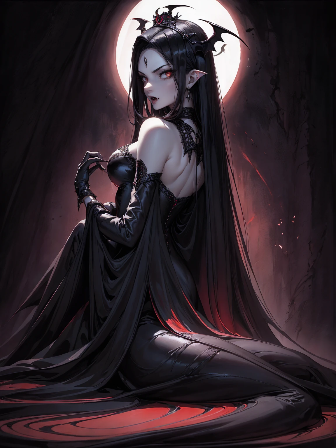 absurdres, ((stunning female Vampire))), goth Renaissance, (long black hair:1.erfect and detailed angular sharp oval shaped face, ((redeyes)), jewelry, red and black tetradic colors, full lips, gothic castle background, (solo), perfect anatomy, approaching perfection, ethereal, intricate details, ultra-high definition, 12k resolution, goth aesthetic, smooth, sharp focus, dreamy, glowing, backlit, glamour, glimmer, fantastical, shadows, smooth, Gothic crown, sitting on the ground, backwards, looking back