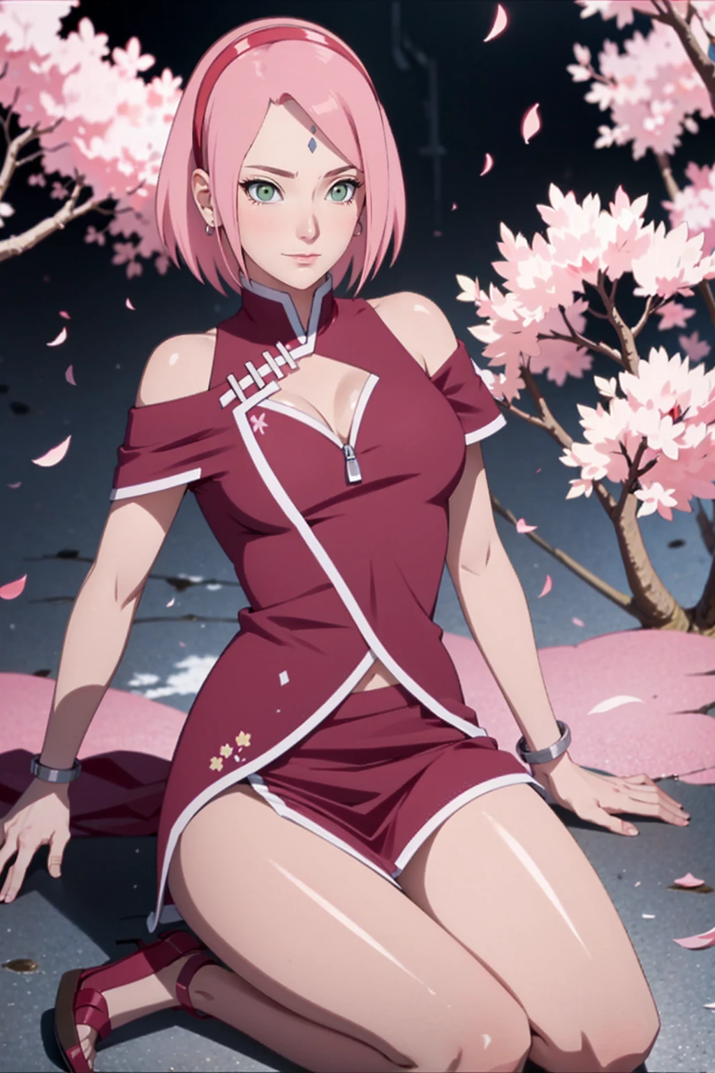 tmasterpiece， Best quality at best， 1girll， Sakura Haruno， Large breasts，Off-the-shoulder attire，（cleavage)，（upperbody closeup)，Raised sexy，is shy，ssmile，with pink hair，short hair， （Green eyeballs:1.4)， Forehead protection， the cherry trees，Cherry blossoms flying，Red clothes，Zipper half, sitting on the ground