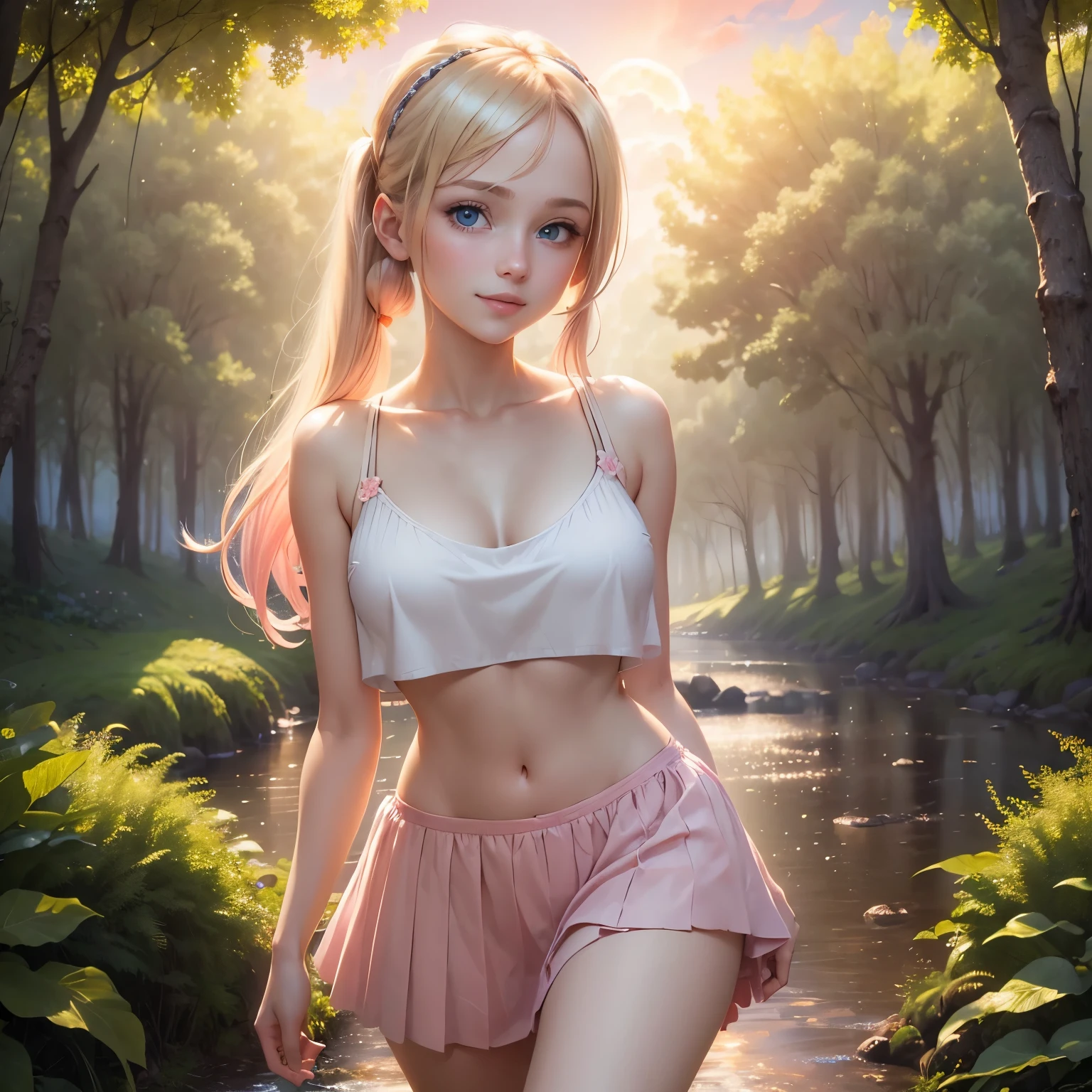 (masterpiece, best quality:1.4), (8K), Young blonde beauty, (((18 years old, neat girl))), detailed blue eyes, long eyelashes, blush, kind smile, horny, upper body, short top, pink skirt, (looking at viewer), ((close up)), beautiful blonde hair, white-skinned, bangs, pigtails, standing, (medium size breasts), (mushroom forest, celestial forest, beautiful and magnificent pink sunshine, majestic sky), natural light)