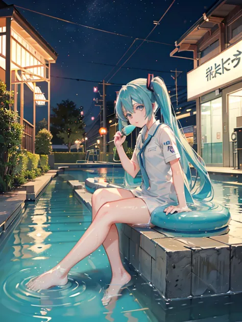 dressed in uniform hatsune miku swimming (((in footbath in front of the station))),glowing reflection in water as its drinking