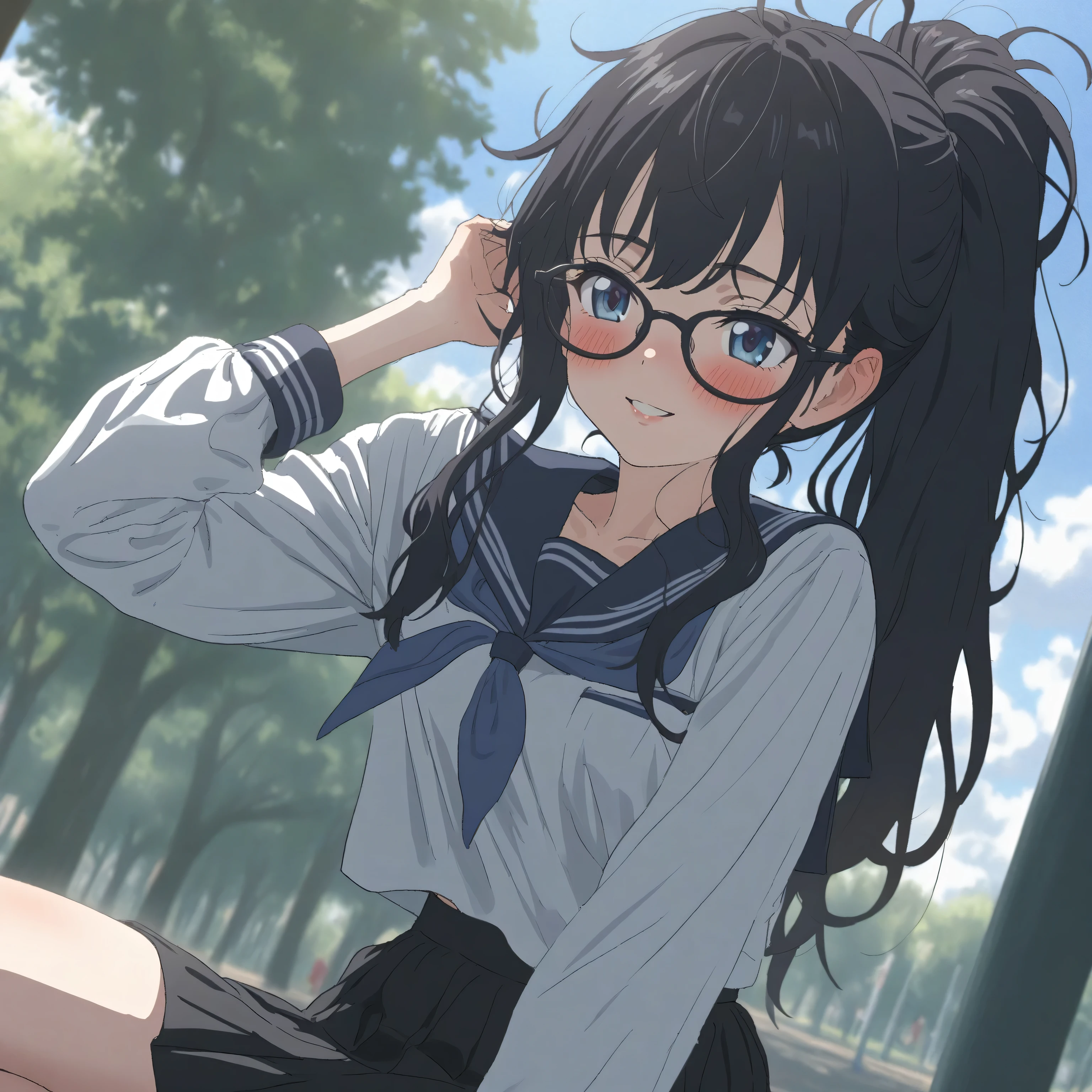 {{Artist: Sincos)} (Masterpiece, best quality:1.2, highres) 1 woman, solo, 21years old, lips, smile, glasses, long hair, black hair, ponytail, messy hair, beautiful eyes, blueeyes, blush, fair skin, beautiful, high schooler, seifuku, black skirt, white shirt, in park, sunny, clouds.
