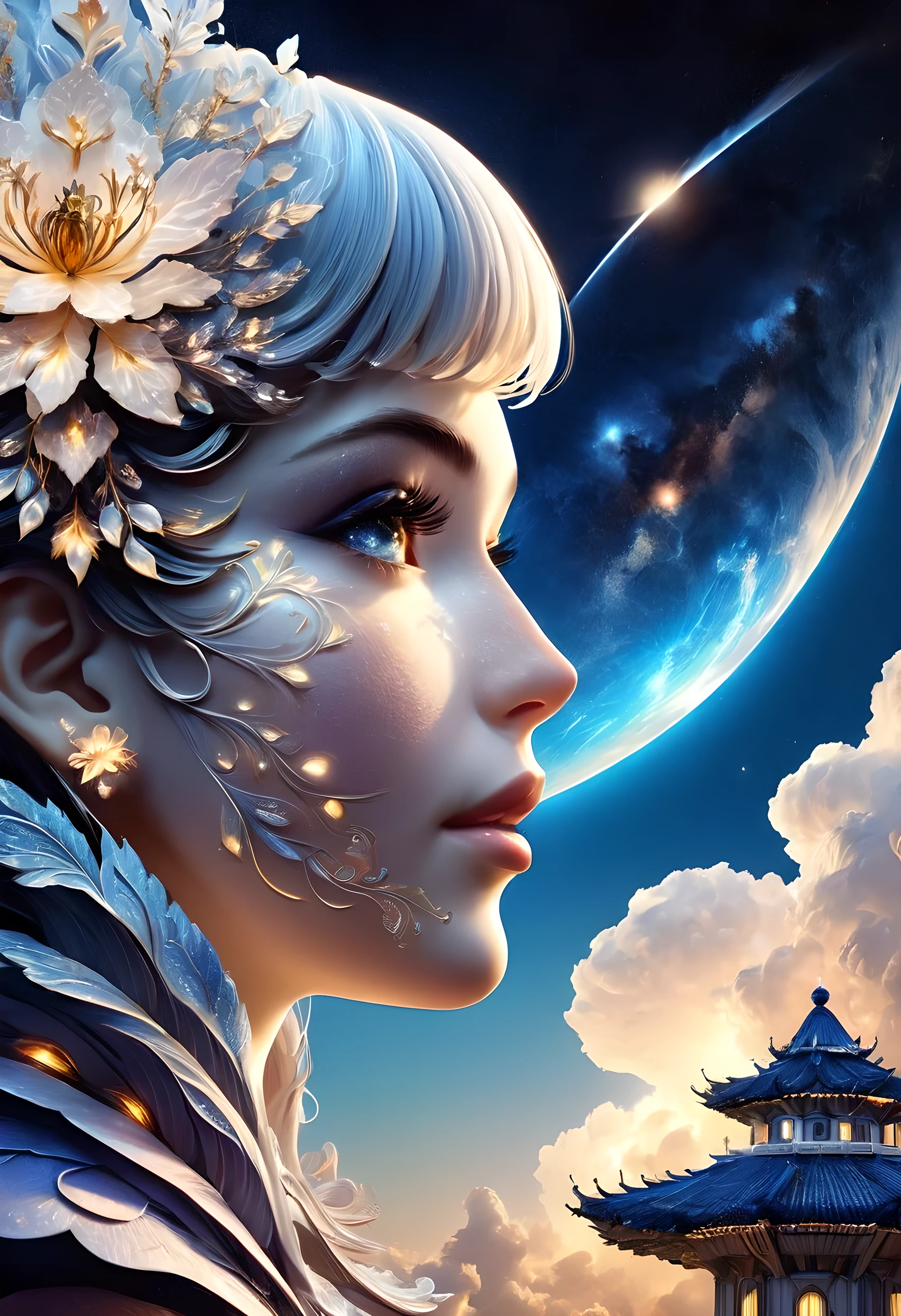 high detailed, super detail, super high resolution, Girl enjoys her time in the dream galaxy, surrounded by stars, warm light sprinkles them, background is starry sky with colorful galaxies and galaxy clouds, stars fly around them, tender face, Create a playful atmosphere , 