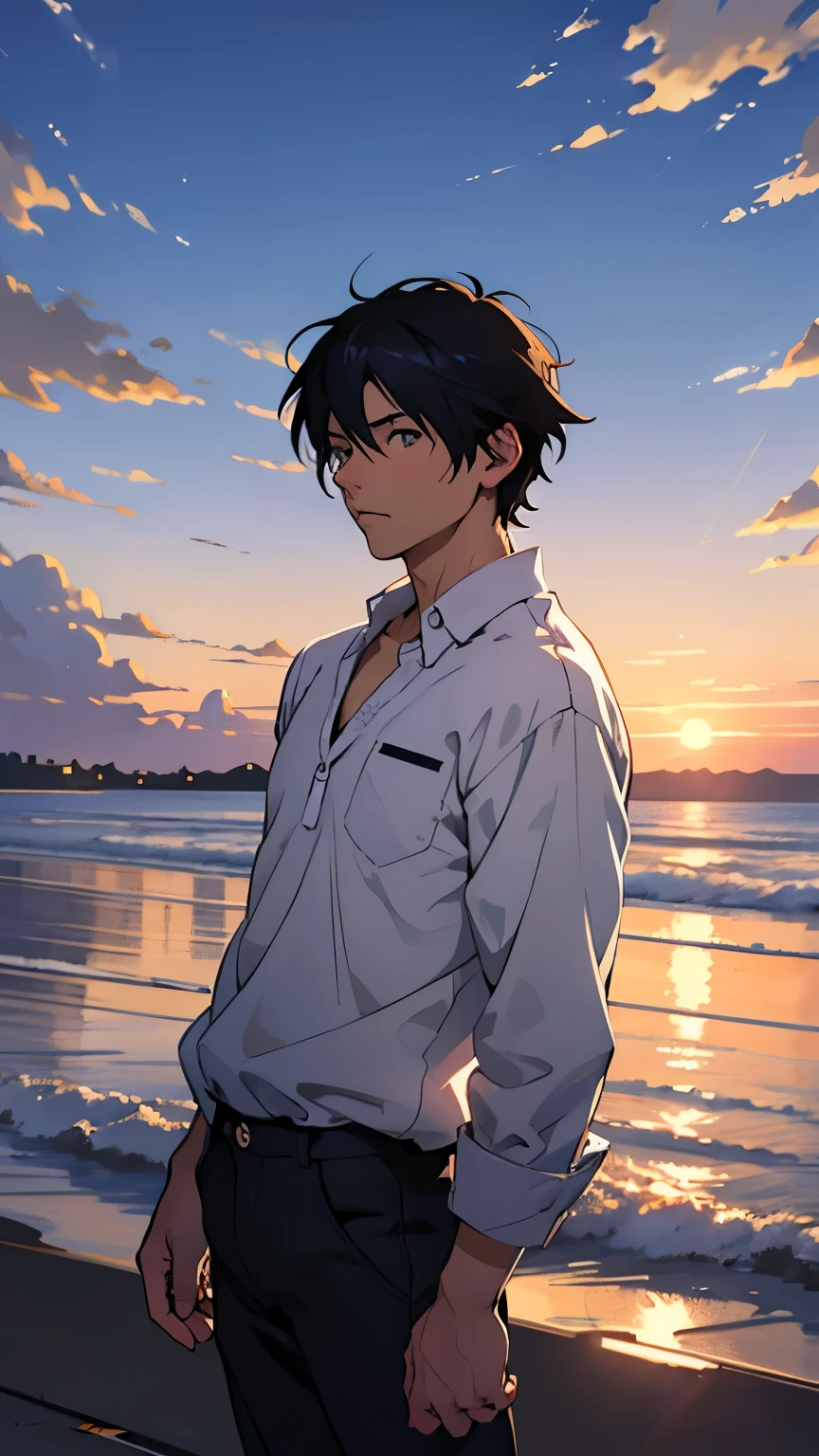 Anime guy standing on the beach at sunset with his hands in his pockets -  SeaArt AI