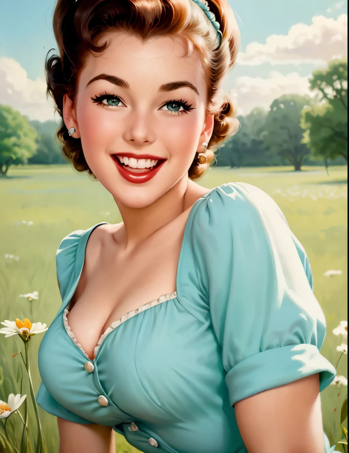 Garota Pin-up dos anos 50, em um campo, rindo, Rosto inocente, rosto bonito, esplêndido, detalhes altos, 4K, 