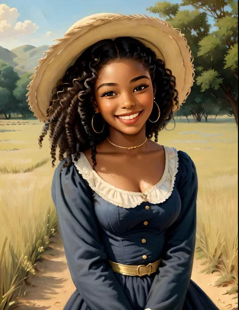 19th century girl, african-american, on a field, smiling, beautiful face, stunning, high details, 4k,