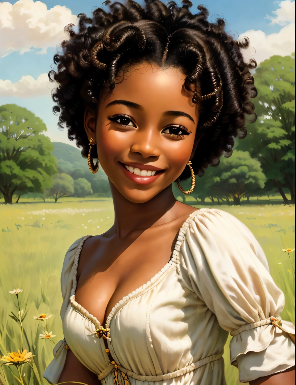 garota do século 18, africano, em um campo, sorridente, rosto bonito, esplêndido, detalhes altos, 4K, 