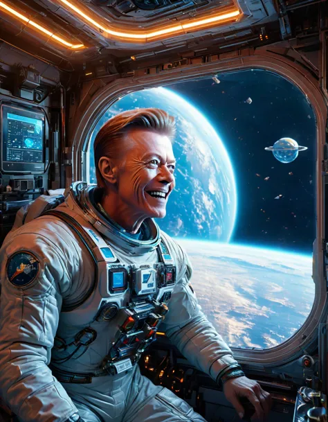 masterpiece digital art of 30 yo [arnold schwarzenegger:david bowie:0.45] as major tom an astronaut inside a brand new cyberpunk...