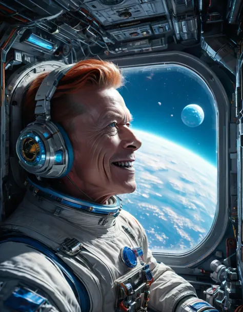 masterpiece digital art of 30 yo [arnold schwarzenegger:david bowie:0.45] as major tom an astronaut inside a brand new cyberpunk...