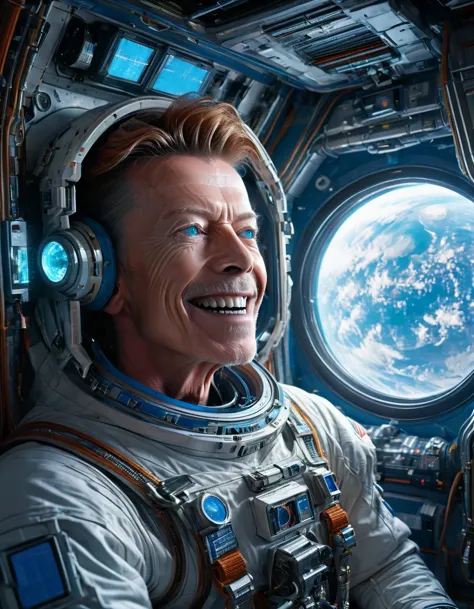 masterpiece digital art of 30 yo [arnold schwarzenegger:david bowie:0.45] as major tom an astronaut inside a brand new cyberpunk...