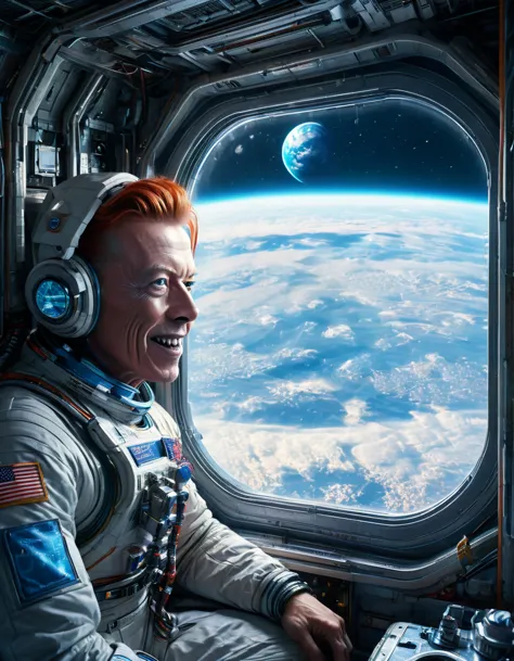 masterpiece digital art of 30 yo [arnold schwarzenegger:david bowie:0.45] as major tom an astronaut inside a brand new cyberpunk...