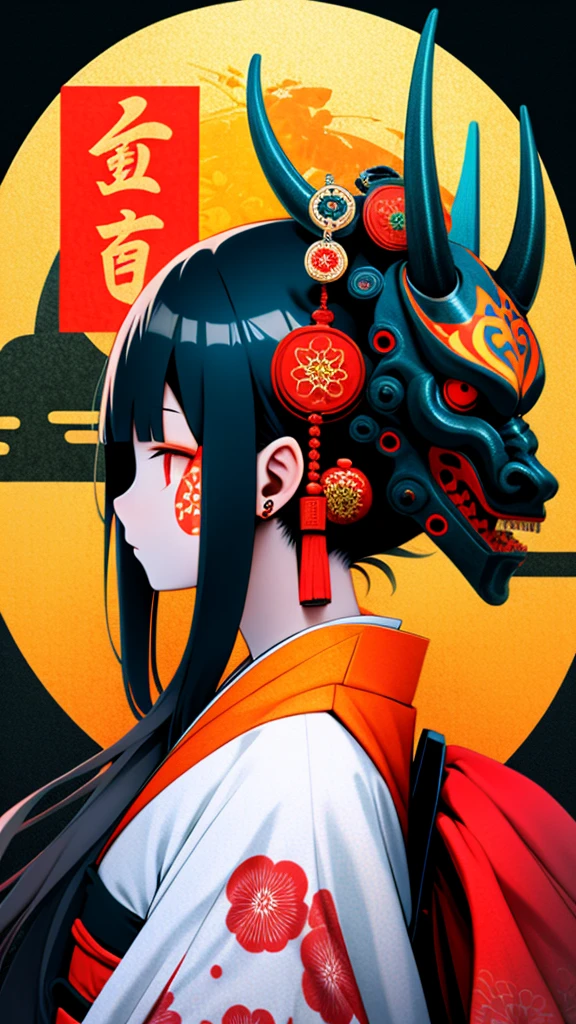 oniNFT, 1girl, solo, black hair, jewelry, earrings, mask, red eyes, japanese clothes, letterboxed, kimono, profile, mask on head, floral print, from side, horns, tassel, hair ornament  