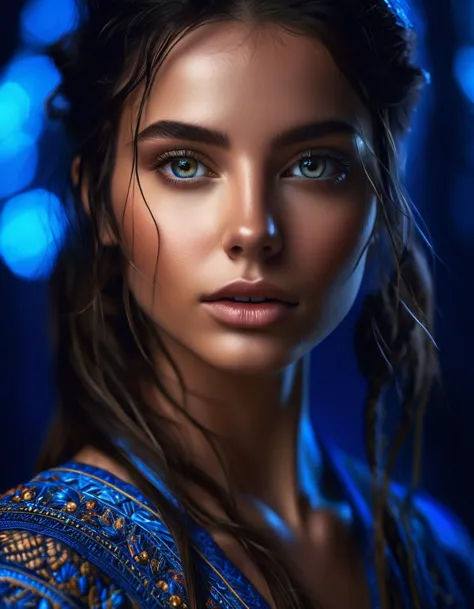 stunningly beautiful girl in the dark, glowing eyes, dark hair, skin glowing, 
glowing flowers around the face,  something mysti...