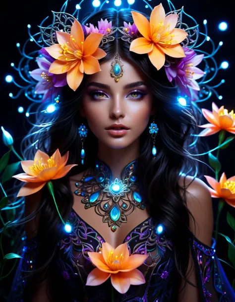 stunningly beautiful girl in the dark, glowing eyes, dark hair, skin glowing, 
glowing flowers around the face,  something mysti...