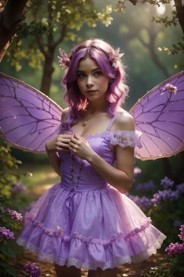 Professional photograph of a woman with lilac hair, brilhantes e lisos, olhos roxos, wears a short baby pink dress, has purple and lilac wings, tem um arco e flecha em suas costa, the background is a forest.