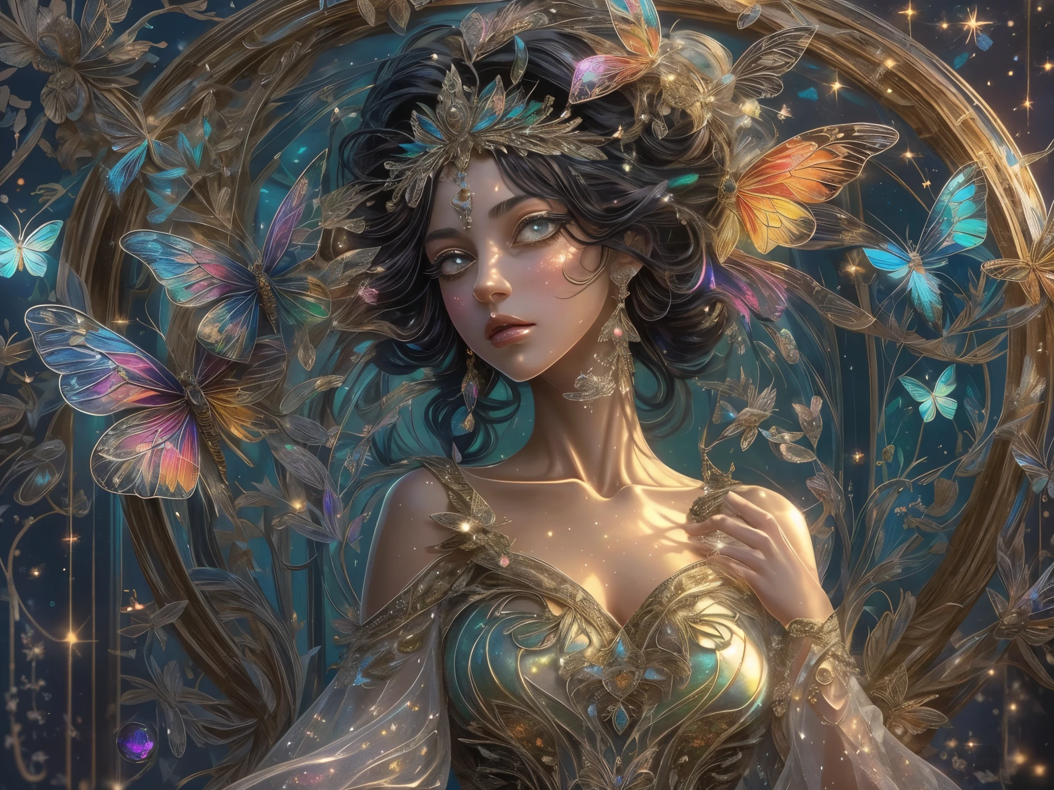 This is a realistic fantasy masterpiece with lots of shimmer, glitter, and intricate ornate detail. Generate one  woman with a beautiful and delicate crown sitting on a garden swing at night. She is a beautiful and seductive butterfly queen with stunning curly black hair, (((incredibly realistic and detailed dynamic eyes in bright colors with realistic shading))).  Her skin is translucent white, her eyes sparkle, and her dress is elegant. Her dress is spun of the finest gossamer silk with delicate, intricate, and subtle floral detailing and gold silk butterfly sleeves. Her face is lovely and . Include glow-in-the-dark flowers, lots of particles, highly realistic fantasy butteflies with translucent jewel-toned wings and fine detailing, and glow. The artwork is done in the style of Guviz and brings to mind masters in the genre such as trending fantasy works on Artstation and Midjourney. Camera: Utilize dynamic composition techniques to emphasize etherealness and delicate detail.