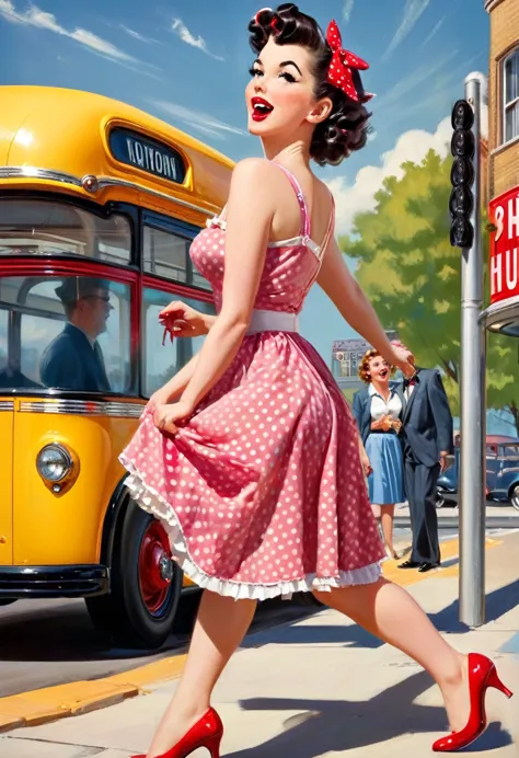 !
title of the image: "1950s pin-up at the bus stop"

description of the image:
transport yourself to a retro bus stop scene fro...