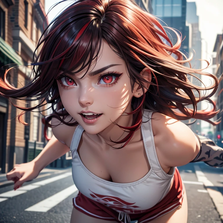 A girl running in the street, (with an angry dog running after her), dynamic angle, detailed scenery, cinematic lighting, Wearing cropped t-shirt, short shorts, boxers, flip-flops, (organic anatomically shaped skin, correct texture, high quality), (bright skin: 1.1), (Detailed eyes: 1.2), fine eyeliner, (Beautiful and refined red eyes: 1.4), visible and realistic features, bright lips, smile, (teeth: 1.2), (beautiful and highly detailed face with harmonious features), short messy hair, black hair with long red streaks, (hair color: 1.4), contour shading, motion lines, sharp focus, vivid colors, intricate details, high resolution, 8k, Ultra HD, hyper- realism, (detailed: 1.1), ray tracing, high detail, high quality artwork, ultra accurate representation, best quality, depth of field.