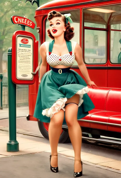 !
Title of the Image: "1950s Pin-Up at the Bus Stop"

Description of the Image:
Transport yourself to a retro bus stop scene fro...