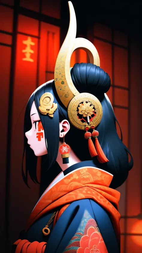 oniNFT, 1girl, solo, black hair, jewelry, earrings, mask, red eyes, japanese clothes, letterboxed, kimono, profile, mask on head...