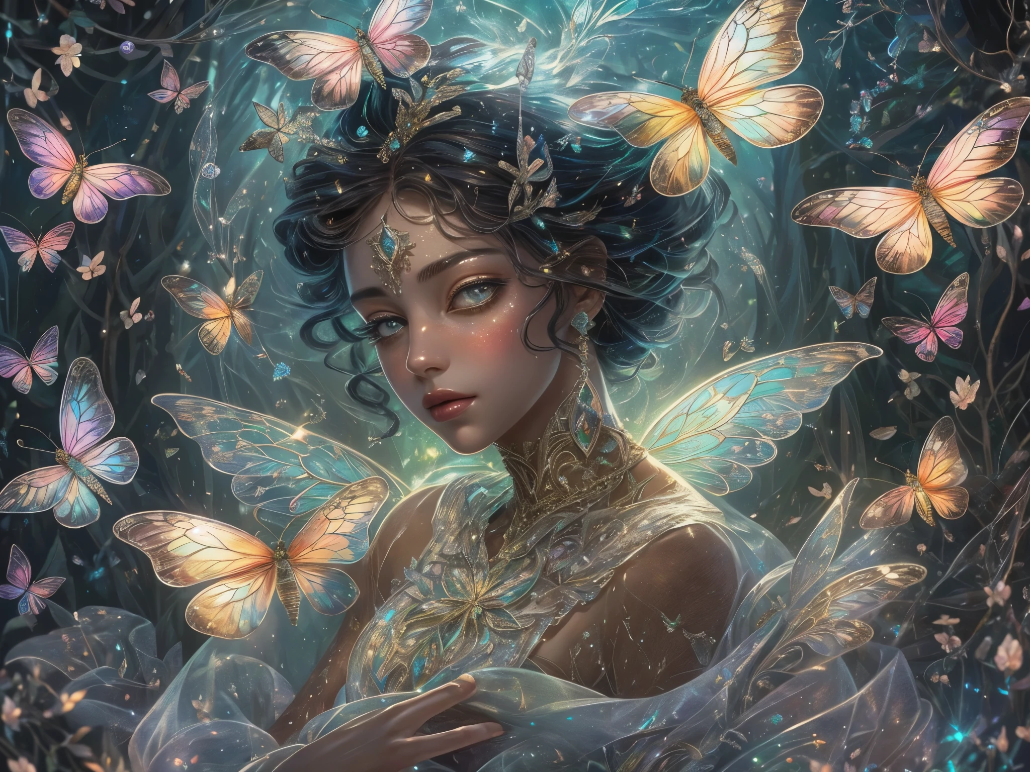 This is a realistic fantasy masterpiece with lots of shimmer, glitter, and intricate ornate detail. Generate one  woman with a beautiful and delicate crown sitting on a garden swing at night. She is a beautiful and seductive butterfly queen with stunning curly black hair, (((incredibly realistic and detailed dynamic eyes in bright colors with realistic shading))).  Her skin is translucent white, her eyes sparkle, and her dress is elegant. Her dress is spun of the finest gossamer silk with delicate, intricate, and subtle floral detailing and gold silk butterfly sleeves. Her face is lovely and . Include glow-in-the-dark flowers, lots of particles, highly realistic fantasy butteflies with translucent jewel-toned wings and fine detailing, and glow. The artwork is done in the style of Guviz and brings to mind masters in the genre such as trending fantasy works on Artstation and Midjourney. Camera: Utilize dynamic composition techniques to emphasize etherealness and delicate detail.