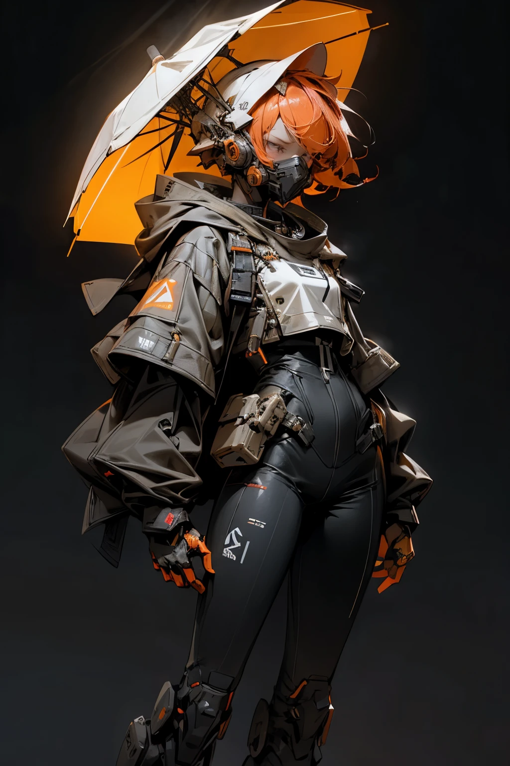 A sci-fi stylized young girl. Multiple-layered raincoat covering a whole body with a "HOPE" text on it. Short orange hair, calm expression. Square bulky visor completely covering the eyes, hood. Cybornetic long legs. Gloved hands. The clothes are black and dark-grey colored. Small crucifix on the chest. 6 small sphere drones with orange neon lights on it floating around separately. Right hand reaching forward. Night Time. Photo realistic.