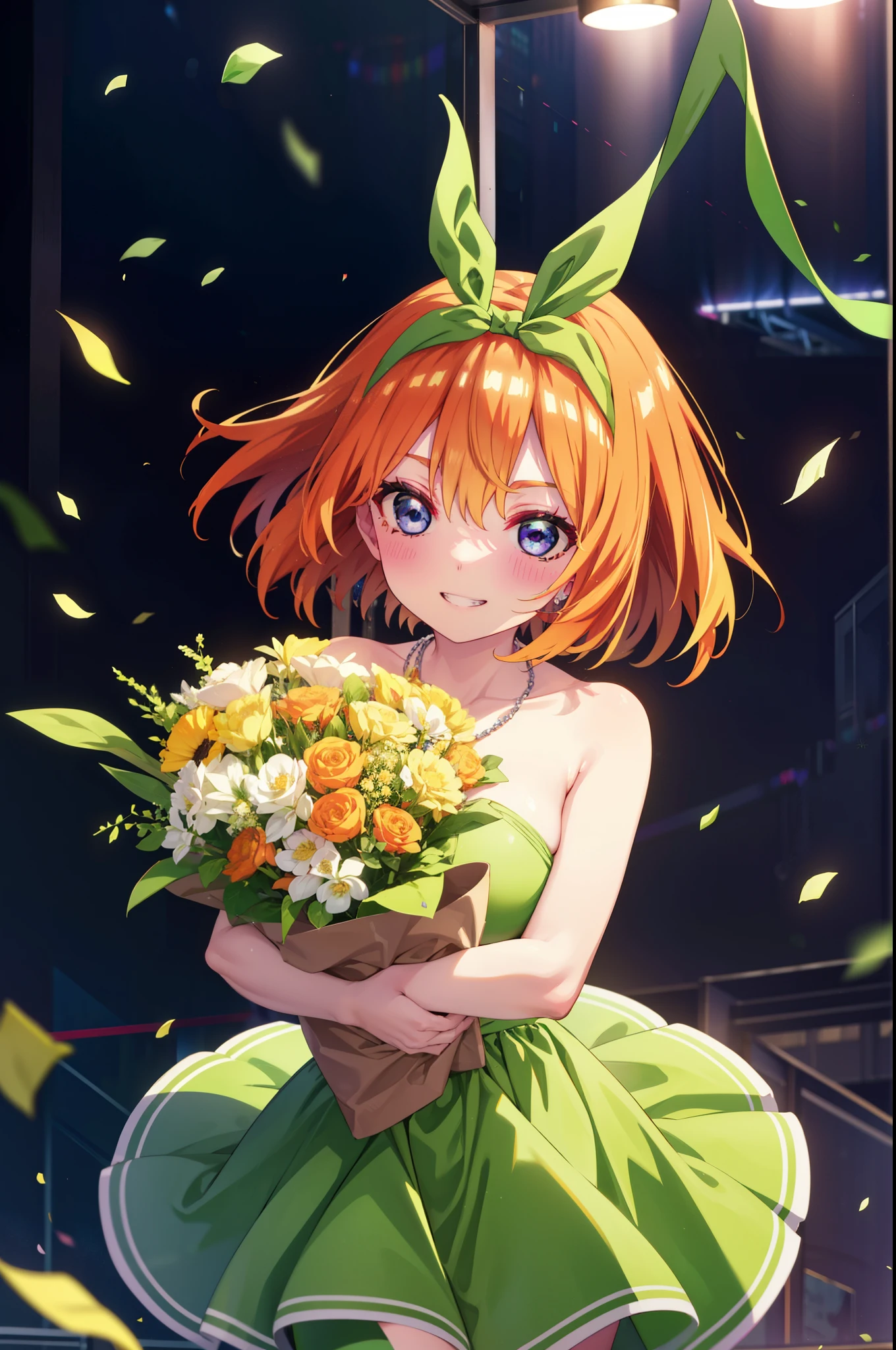 yotsubanakano, Yotsuba Nakano, bangs, short hair, blue eyes, Hair between the eyes, hair ribbon, hair band, Orange Hair, (Green ribbon:1.5), smile, Grin,smile,blush,Green sleeveless dress,Long skirt,Green stiletto heels,Sleeveless,naked,nakedの腕,nakedの首,nakedの鎖骨,holding a large bouquet of flowers with both hands,Locket Necklace,Confetti,There is a birthday cake on the table,
break indoors, on stage,venue,
break looking at viewer, (Cowboy Shot:1.5),
break (masterpiece:1.2), highest quality, High resolution, unity 8k wallpaper, (shape:0.8), (Beautiful details:1.6), Highly detailed face, Perfect lighting, Extremely detailed CG, (Perfect hands, Perfect Anatomy),